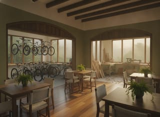 Café interior looking into the bike shop and wood shop