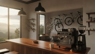 Coffee bar at Sencijo Cafe with the bike shop visible behind the counter