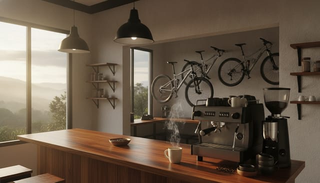 Coffee bar with the bike shop behind the counter
