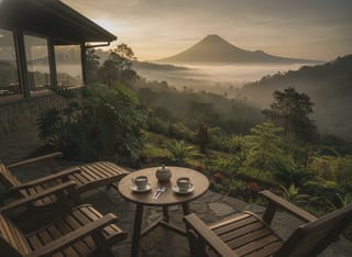 Handmade teak furniture on the café patio