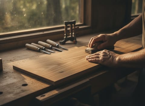 Hands working a teak board in the wood shop