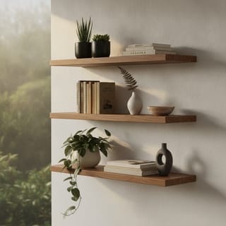 Three solid teak floating shelves holding books and plants on a white wall