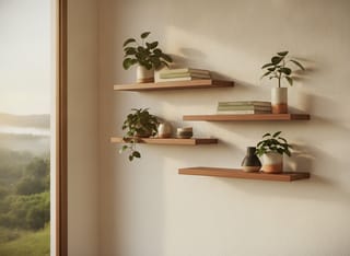 Set of three teak floating shelves on a living room wall styled with plants, books and ceramics