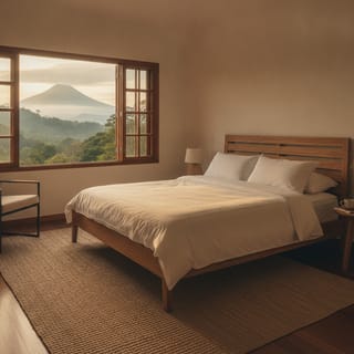 Queen-size solid teak bed frame with a low headboard in a bright bedroom