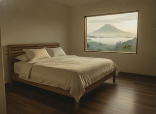 Teak bed frame in a quiet bedroom with highland mist outside the window