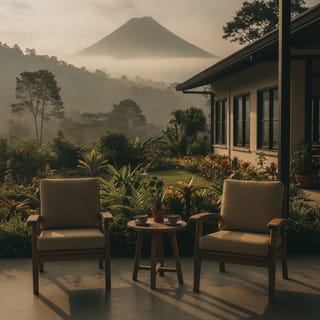 Pair of handmade teak lounge chairs on the café patio