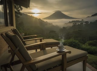 Pair of teak lounge chairs on the café patio at dawn, a cup of coffee resting on one armrest