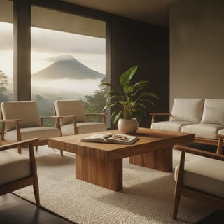 Low solid teak coffee table with a thick top and splayed legs