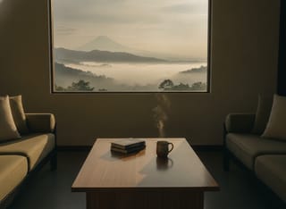 Teak coffee table in a cozy living room with books and a mug on top