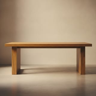 Solid teak dining table with clean lines in warm workshop light