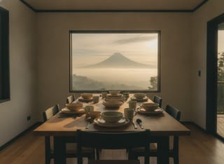 Teak dining table set for a meal in a highland dining room with soft morning window light