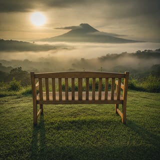 Solid teak garden bench standing on grass with highland mountains behind