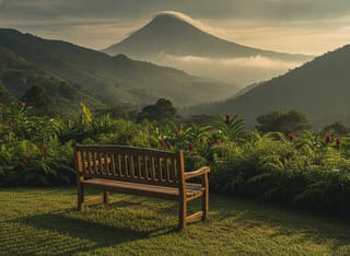 Teak bench resting among garden plants with a mountain view beyond