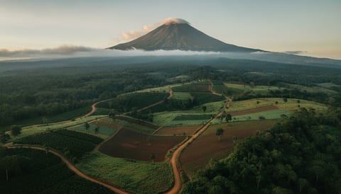 Panoramic view of Volcán Barú over green highland trails