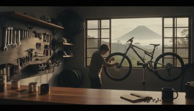 Mechanic working on a mountain bike in the workshop, seen from the café