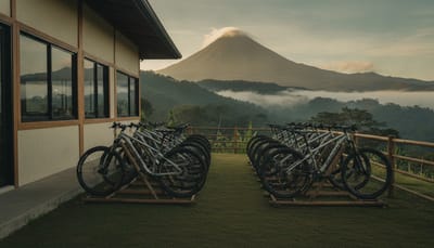 Fleet of mountain bikes lined up outside the café in Volcán