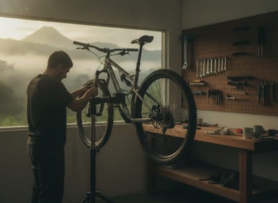 Silver mountain bike in the repair stand while the derailleur gets adjusted