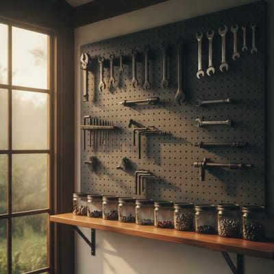 The shop's organized tool wall above a teak workbench