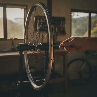 Truing a wheel: hand tensioning a spoke in the truing stand