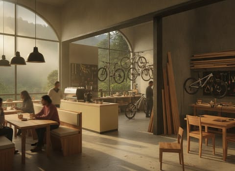 The café interior opening into the bike workshop and the wood shop