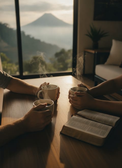 A quiet moment sharing coffee at the family table