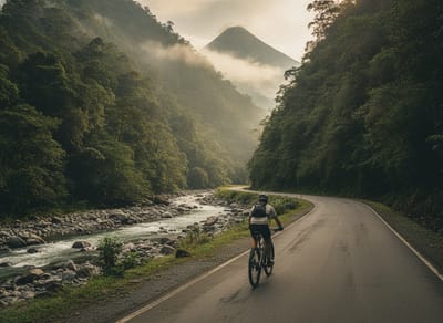 Cyclist on the river valley road through Bambito with forested slopes on both sides