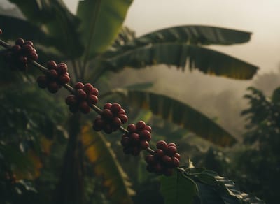 Ripe coffee cherries on a shaded plantation in the Bambito valley