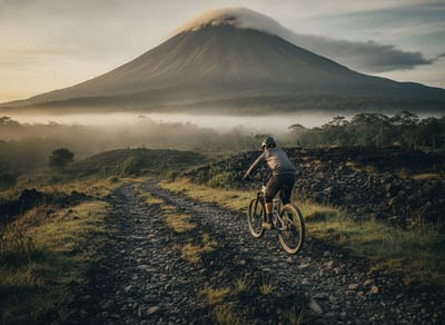 Mountain biker climbing a rough farm track on the lower slopes of Volcán Barú