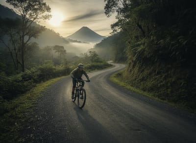 Rider on a fast farm-road descent with the Volcán valley spread out below