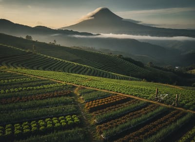 Terraced vegetable farms on the green hillsides above Cerro Punta under a bright highland sky