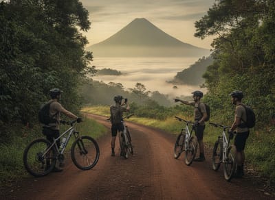 Small private group of riders pausing for photos on a quiet highland road near Volcán at sunrise