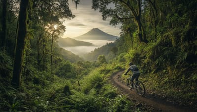 Mountain biker on a cloud-forest trail near Cerro Punta