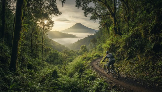 Rider on a cloud-forest trail with Volcán Barú ahead
