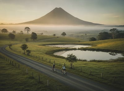 Cyclists on a flat farm road approaching the Lagunas de Volcán wetlands with Volcán Barú in the distance