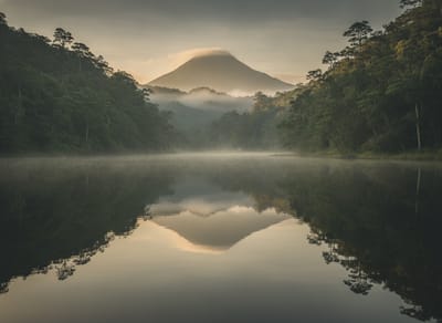 Still water of a Lagunas de Volcán wetland lake ringed by highland forest